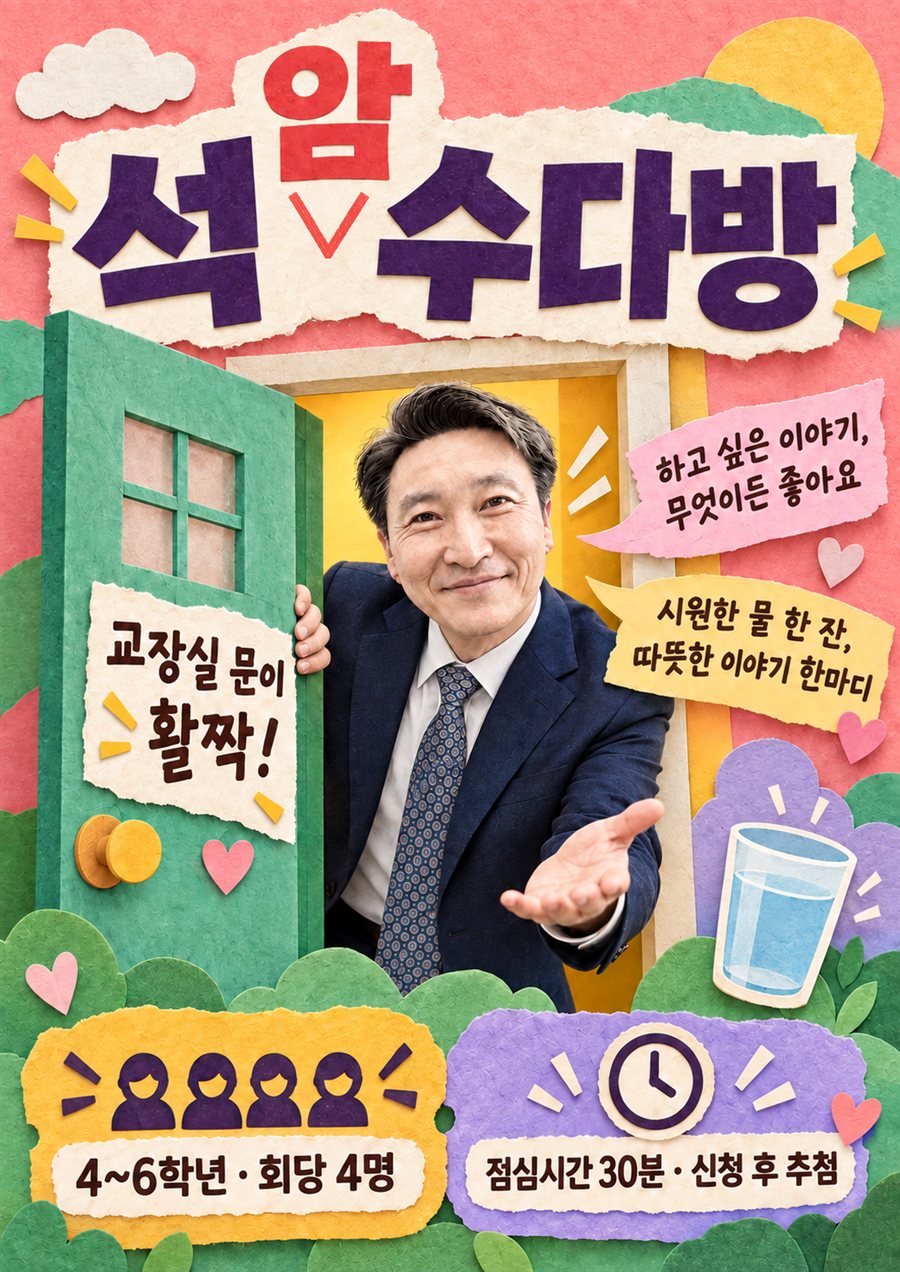 석암 수다방 안내 그림. 교장선생님이 교장실 문을 활짝 열고 손짓한다. 하고 싶은 이야기 무엇이든 좋아요, 시원한 물 한 잔 따뜻한 이야기 한마디, 4~6학년 회당 4명, 점심시간 30분 신청 후 추첨이라고 적혀 있다.